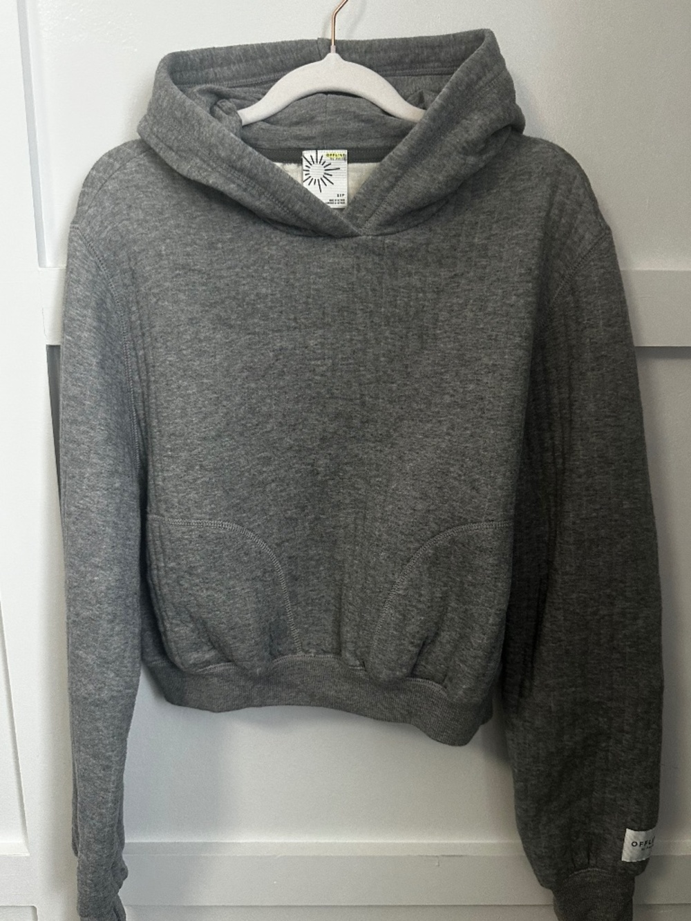 OFFLINE Aerie Coffee Run Cropped Gray Quilted Hoodie Pullover Women Small
